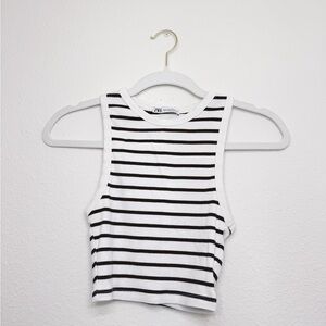 Zara White and navy stripped Fitted Crop Tank Top